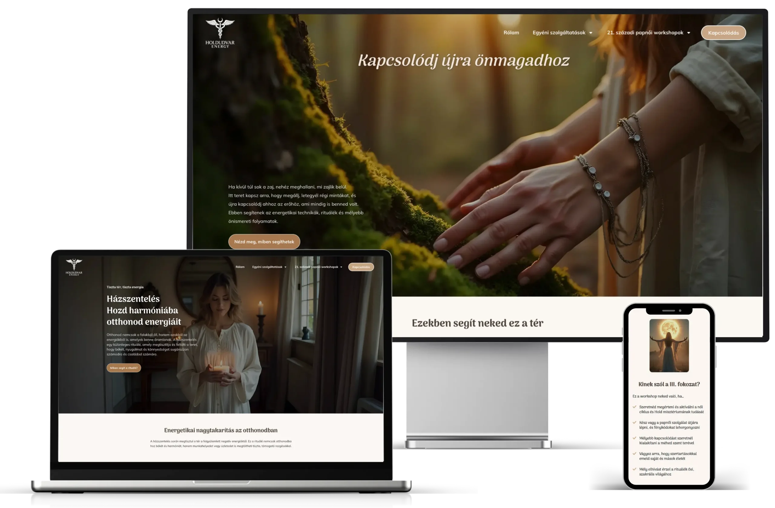 Zsófi lélek mentor weboldalának mockupja laptopon monitoron és mobiltelefonon