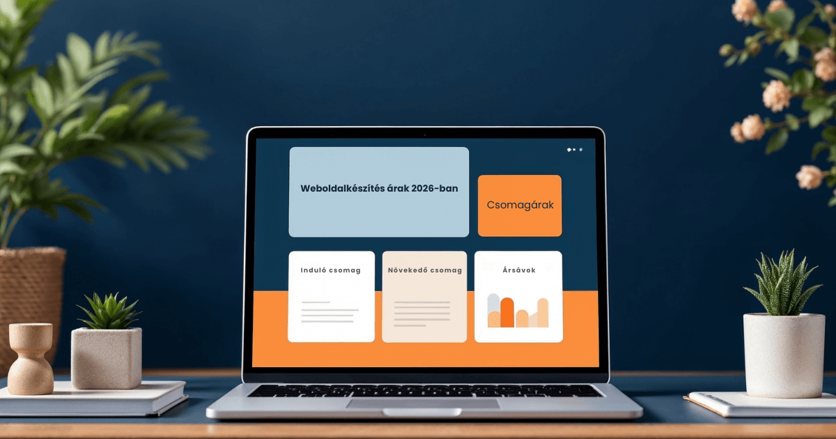 Laptop képernyőjén weboldalkészítési csomagok és grafikon látható narancssárga és sötétkék színvilágban.