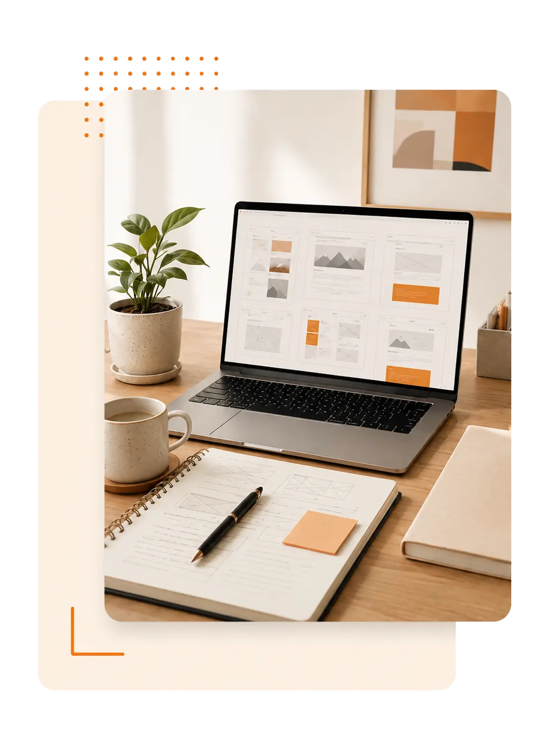 Weboldalkészítés rendszerezett tervezéssel, laptopon készülő weboldalvázlattal